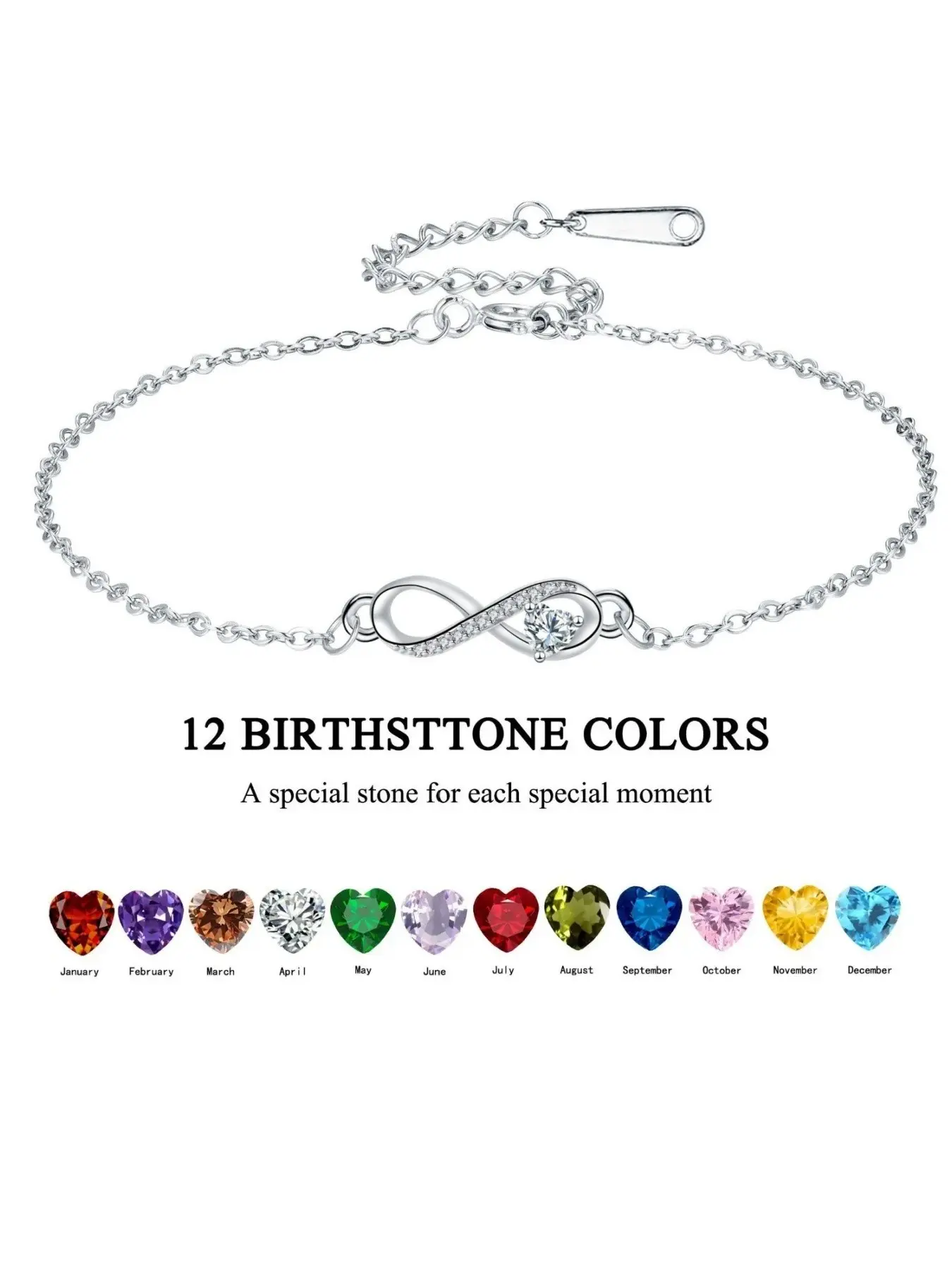 Heart Birthstone Infinity Bracelet for Women, 12-Month CZ Infinity Love Bracelet with White Gift Box, Birthday Christmas Gift for Her, Exquisite Trendy Bracelet
