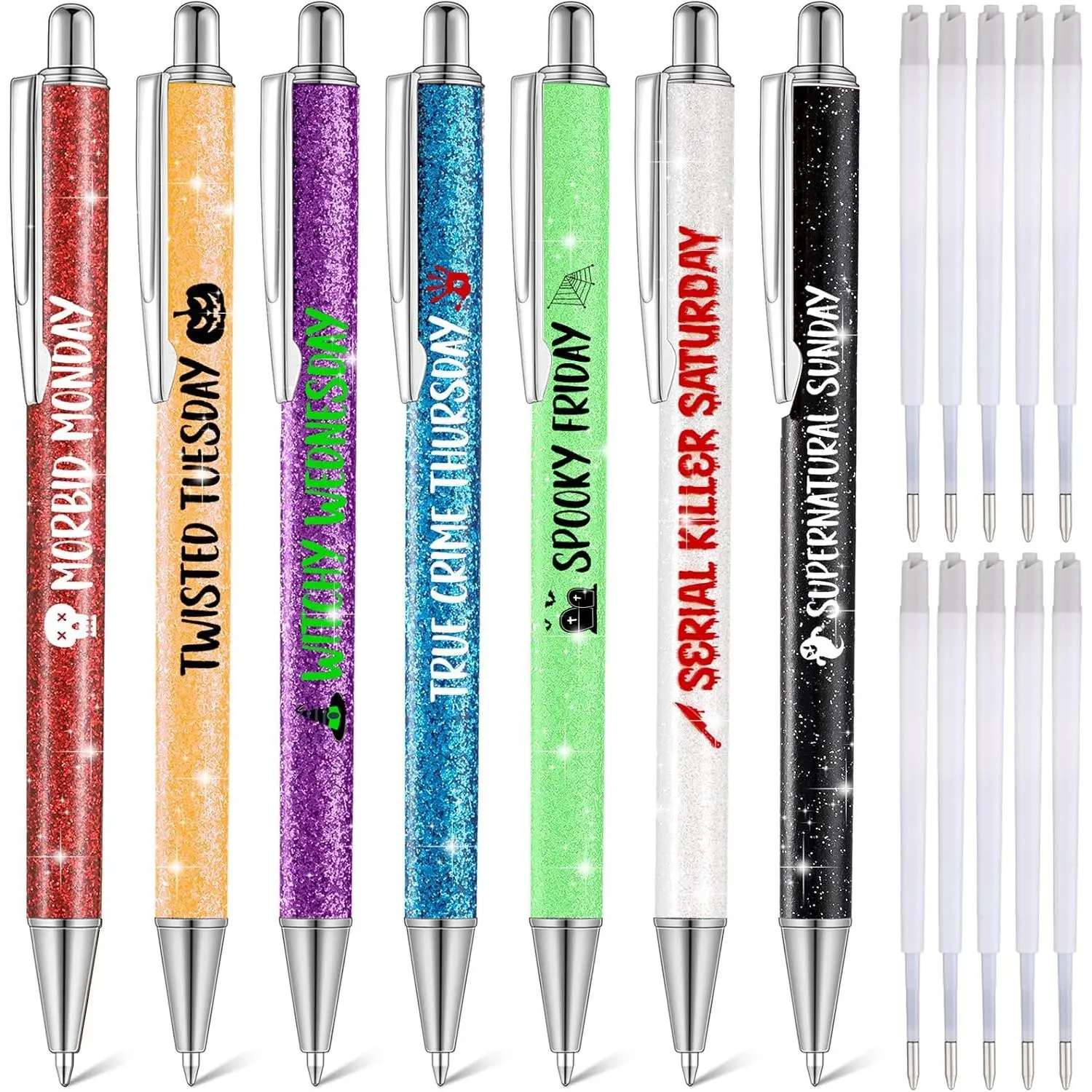 7 count Christmas Halloween Weekday Pens Days of the Week Glitter Ballpoint Pens with 10 Black Ink Refills Fancy Gifts for Colleagues Office Mood Supplies( Color,Spooky)