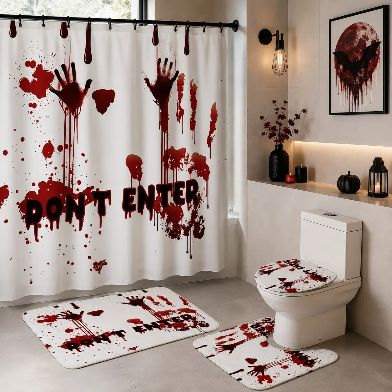 4pcs Halloween Bloody Handprint Shower Curtain Set, Bloody Splatter Bathroom Decor, Spooky Haunted House Party Decor, Tiktok Shop Bestseller