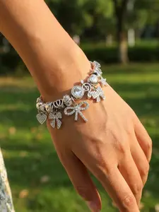 Dazzling Bow Bracelet, Sweet Cool Y2K Style, Full Rhinestone Bow, Note Pentagon Heart Pendant, Adjustable Extender Chain