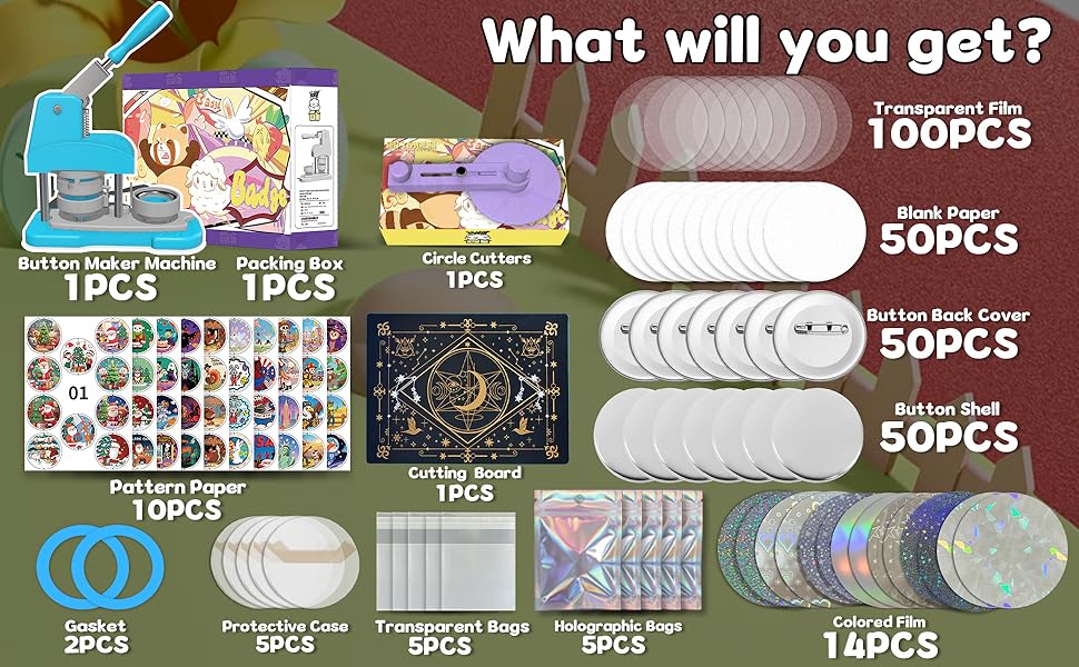 Blue Button Maker Machine 58mm (2.25 inch), DIY Button Pin Maker Machine Comes with Free Button Parts, Circle, Cutting Board, Pattern Paper, Holographic Bags, Colored Film, and Protective Case