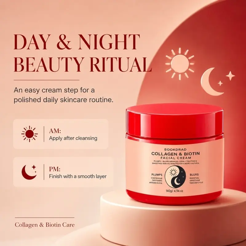 Collagen Biotin Facial Cream, Plumps Skin, Blurs Wrinkles, Tightens Skin, Smooths Skin, 140g