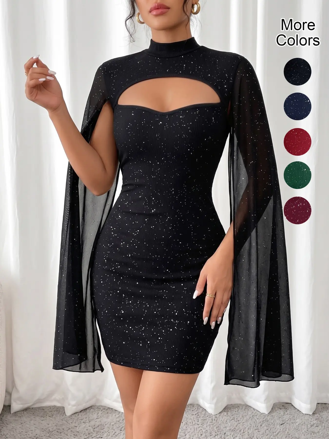 Spring & Fall Fashion Elegance Sexy Short Mini Bodycon Fit Dress, Formal Dress, Shawl Mesh Design, Cape Sleeves, Sparkling Sequins, Trendy Statement Evening Party Dress, Womenswear