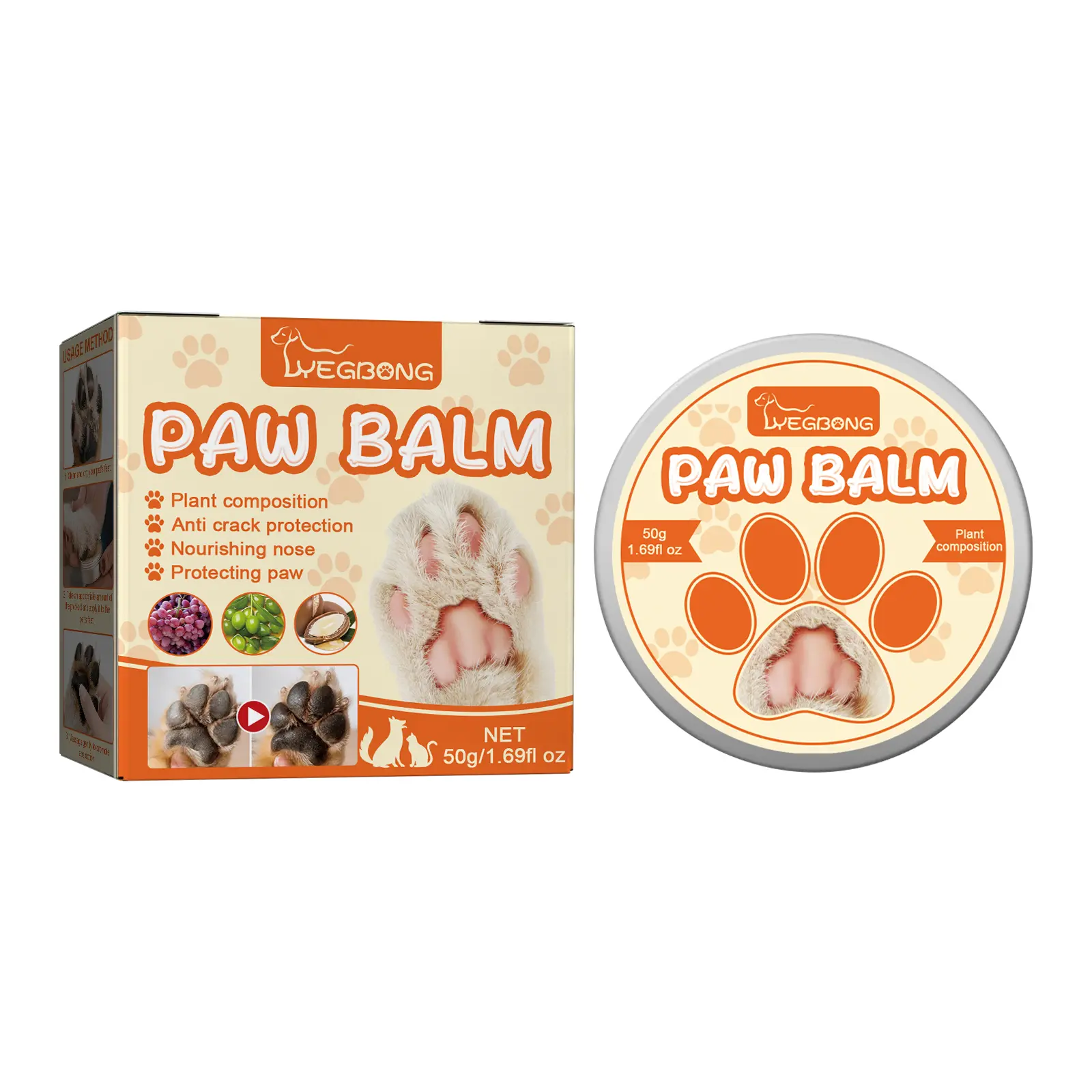 Yegbong Dog & Cat Paw Balm - Moisturizing, Nourishing, Protective Pet Claw Care Grooming Supply That Heals Cracks and Soothes Dry Paw Pads