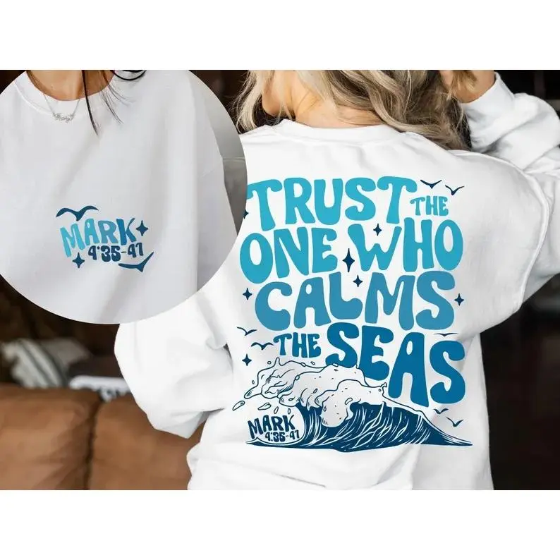 Retro Christian Girl Summer Shirt Design svg, Trust the One Who Calms the Seas png, Vintage Teens Bible Beach Tee PNG, Boho Deep Waters svg