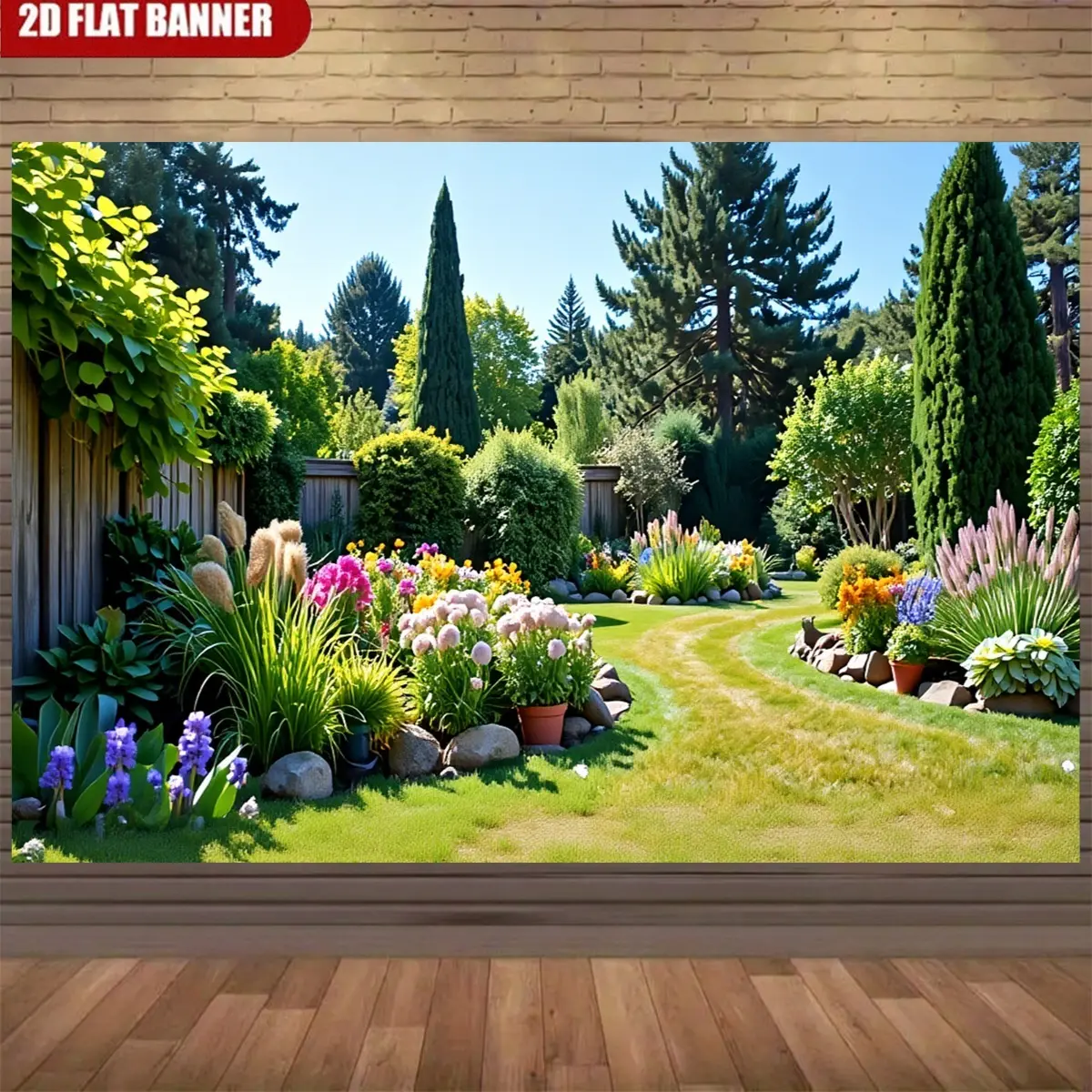 2D Flat Garden Landscape Banner | Single-Sided Polyester | Metal Grommets for Easy Hanging | Lush Green Garden Path, Flower Yard & Nature Scenery Backdrop for Home Decor, Outdoor Party, Wedding, Studio Photo & Wall Decoration