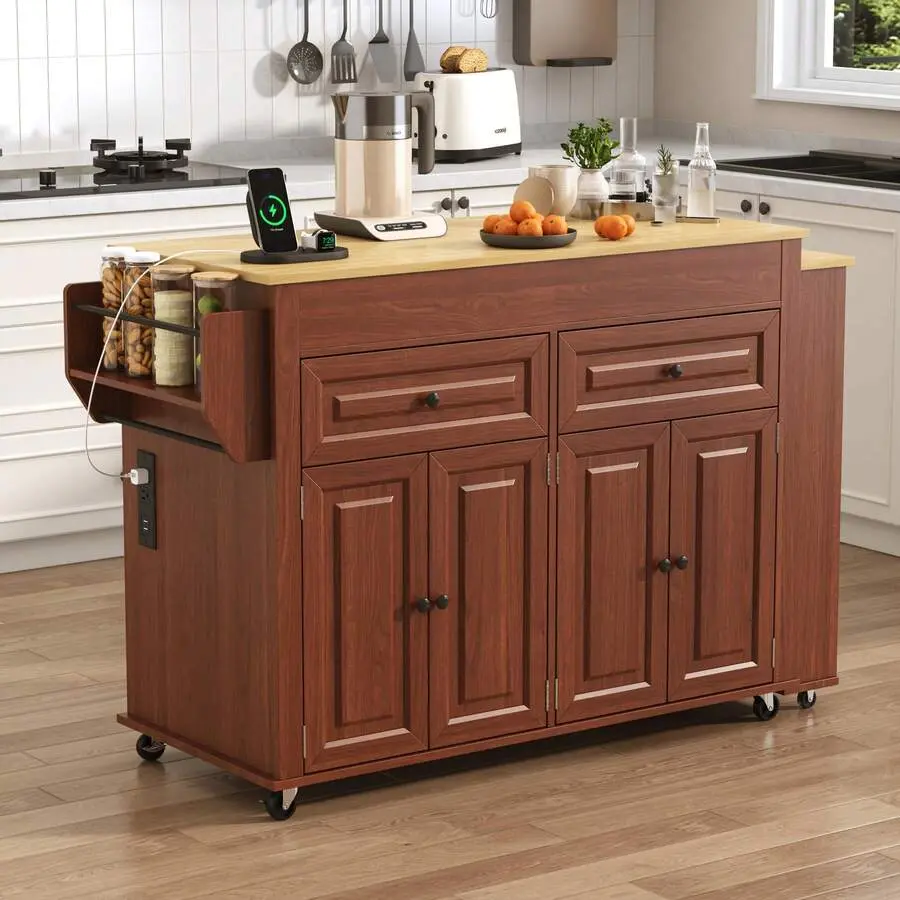 80"-48" Extendable Island With Extended Dining Table And Power Outlet,Large Mobile Storage Islands With 2 Storage Drawers,Islands Cart With 3 Extra Rows Open Shelves