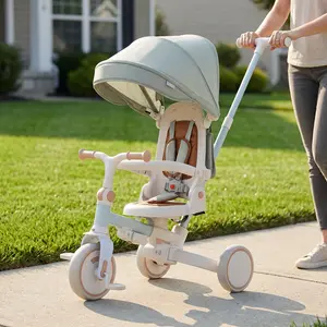 7-in-1 Foldable Baby Tricycle for 12-72 Months, Blue Ride-on Toy with Removable & Adjustable Parent Handle, Removable Pedal, Canopy, and Guardrail, Toddler Push Bike