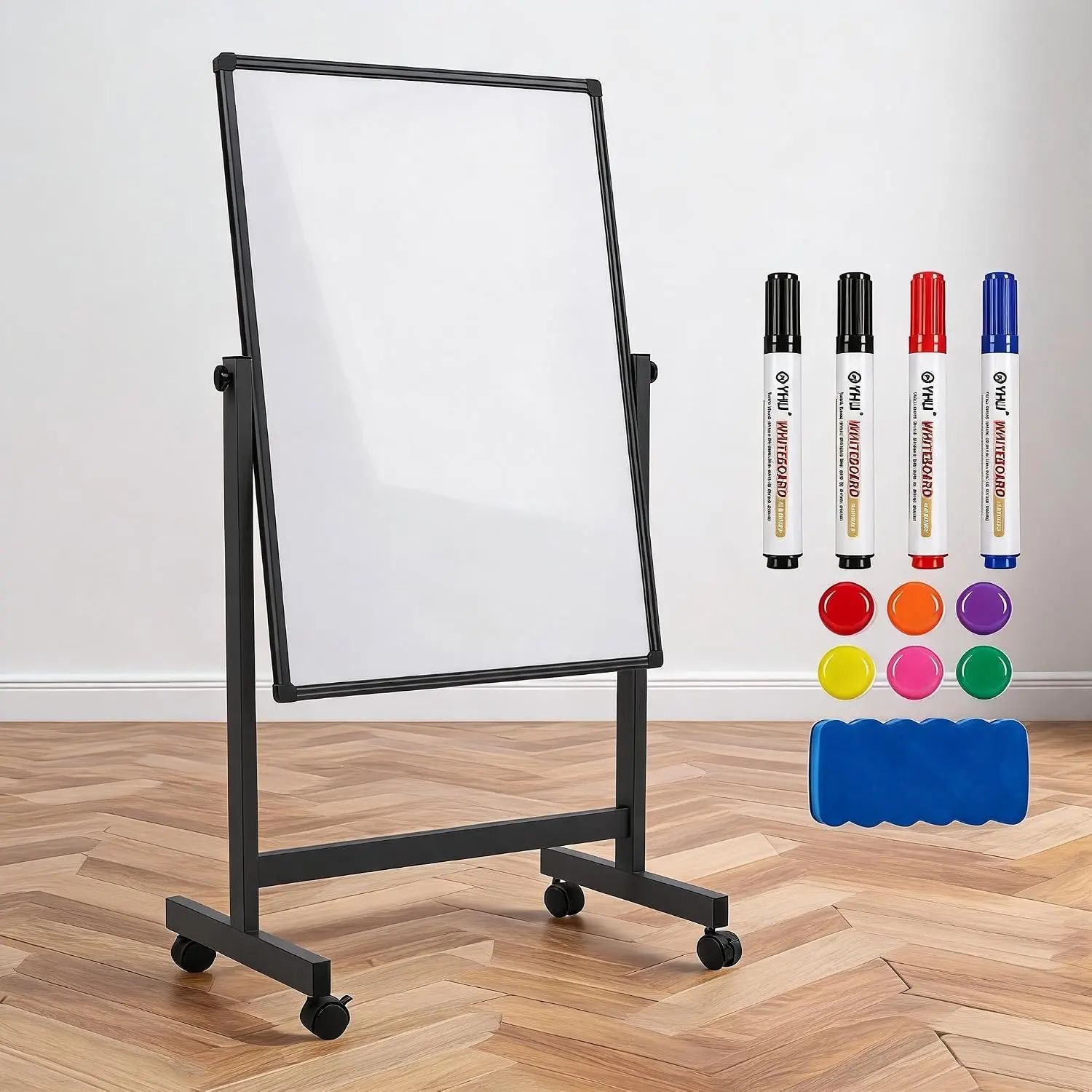 Double-Sided Magnetic Dry Erase Rolling Whiteboard, Height-Adjustable Turn Over Stand - Turn Over Mechanism - Aluminum Frame, Pen Tray, Wheels - Black/White, 40 x 28 inch