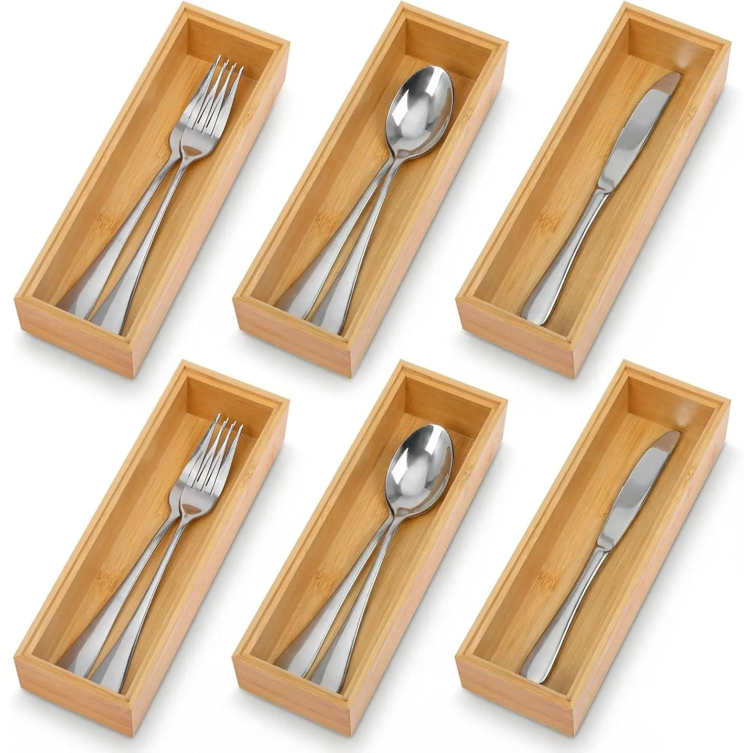 6-Piece Bamboo Drawer Organizer Stackable Storage Boxes, 9x3x2 inch Wooden Trays for Kitchen Utensils, Silverware, Bathroom Supplies & Home Organization
