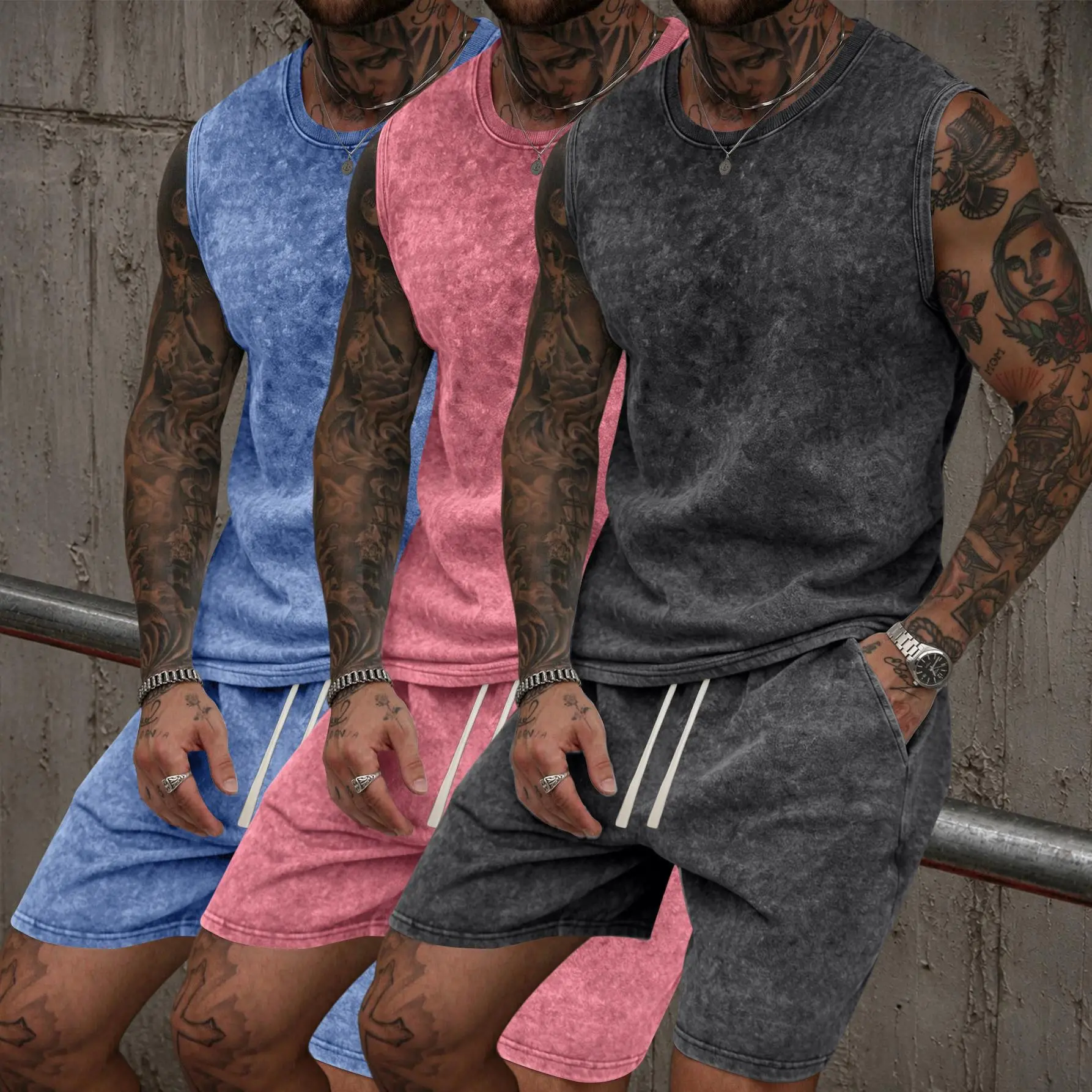 Men's Summer Washed Distressed Cotton 2-Piece Sports Tank Top & Shorts Set, 1 or 3 Set Options, Casual Loose Beach Shorts with Waist Tie & Pockets, 2000s Mood-Inspired Design, Suitable for Running, Camping