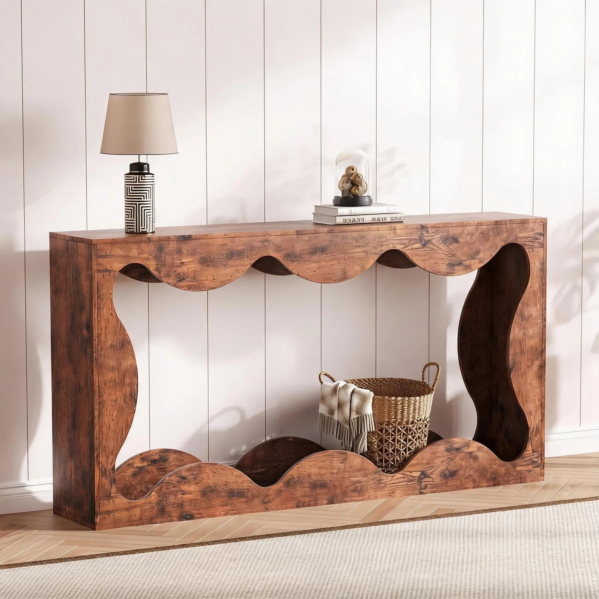 63 Inch Scalloped Console Table 2 Tier Wood Entryway Table for Living Room Hallway Foyer Vintage Sofa Table with Wavy Edge Large Storage