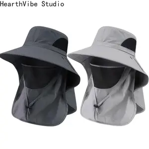 Unisex Wide Brim Sun Hat, UPF Protection Fishing Cap with Neck Flap & Detachable Face Cover, Quick Dry Breathable Mesh Hat for Hiking Camping Outdoor