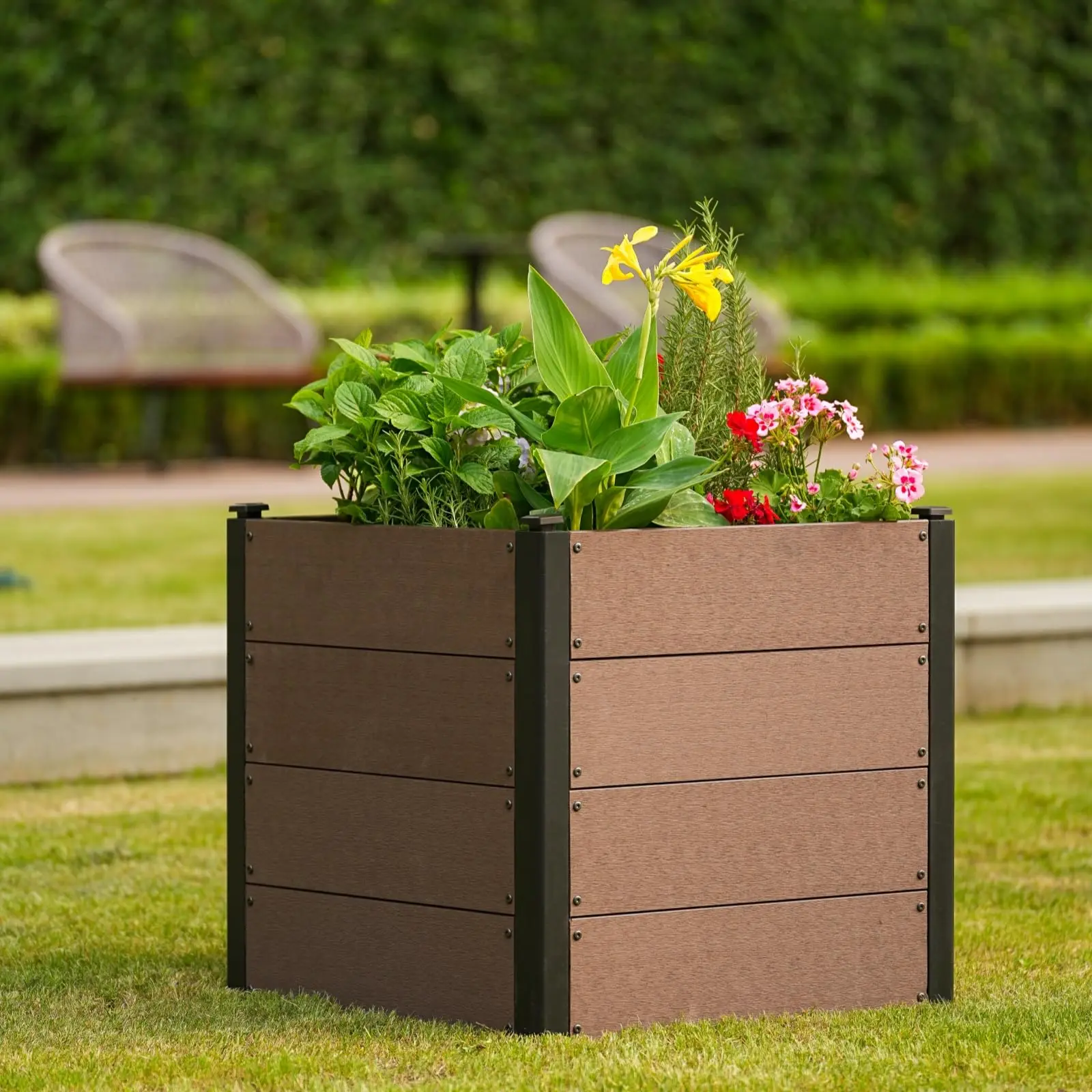 25"x25"x23" Wood-Plastic Composite Raised Garden Bed, Rectangular Planter Box Open Bottom, Eco-Friendly Composite Material for Vegetables, Herbs, Flowers