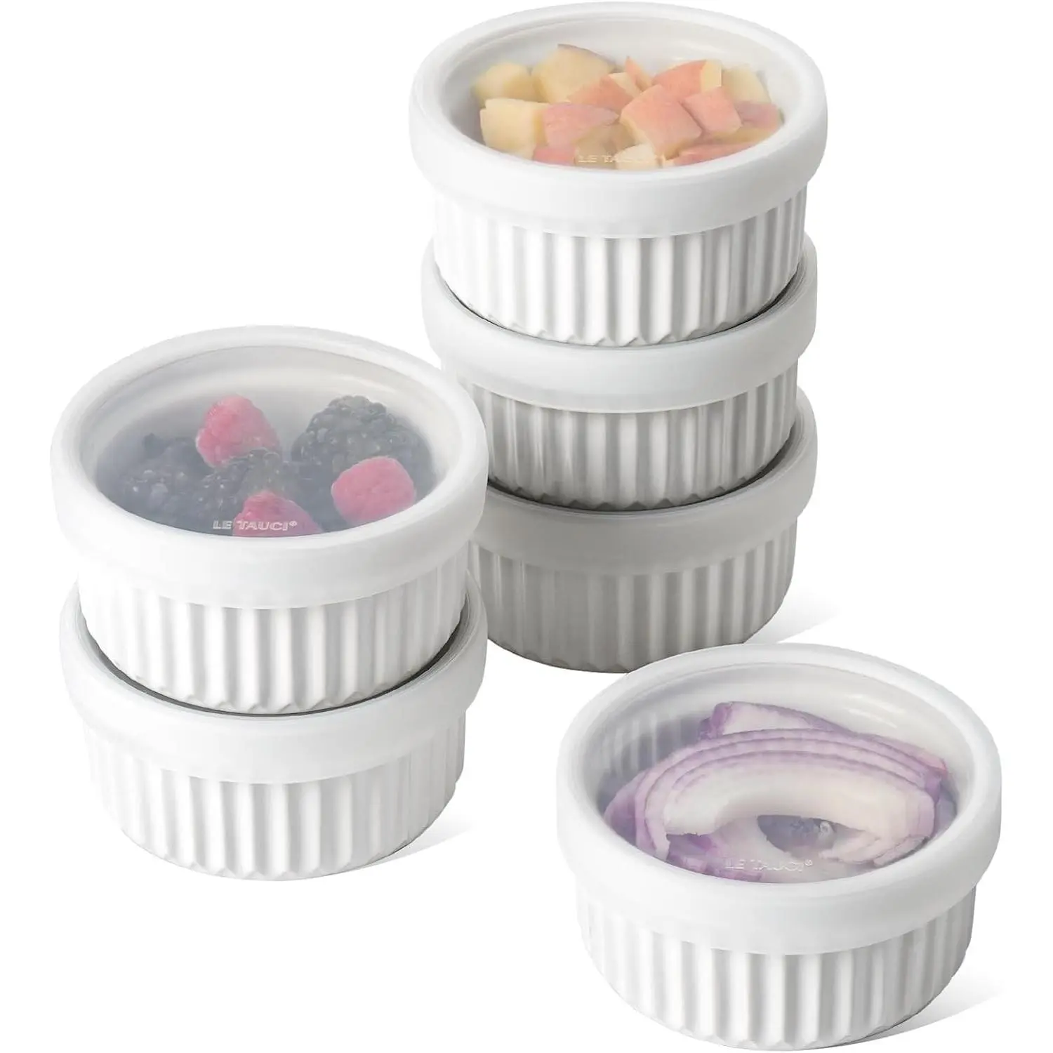 LE TAUCI Ramekins with Silicone Lids, 8 OZ Ceramic Soufflé Dishes, Ramekin Bowls for Crème Brûlée, Dessert, Dips, Oven & Microwave Safe, Set of 6, White