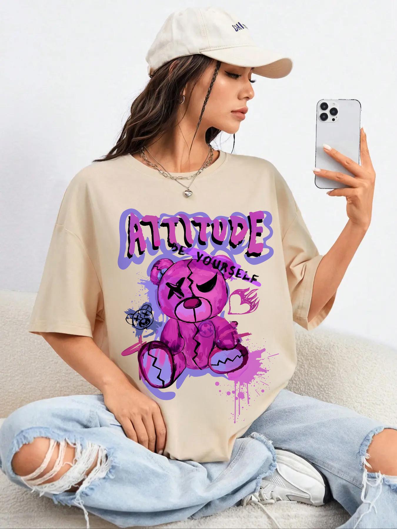 Cartoon Graphic Print Drop Shoulder Tee, Summer Casual Funny Letter Print Crew Neck T-shirt for Daily Holiday Vacation Outdoor Wear, Women Tops for Summer