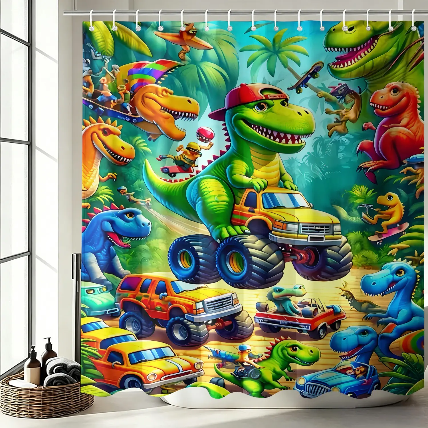 1Pc Waterproof Extreme Sports Dinosaur Monster Truck Shower Curtain, T-Rex Skateboard Racing Cool Boys Kids Bathroom Decor with Hooks, Quick Dry Machine Washable Dino Theme Bath Accessory