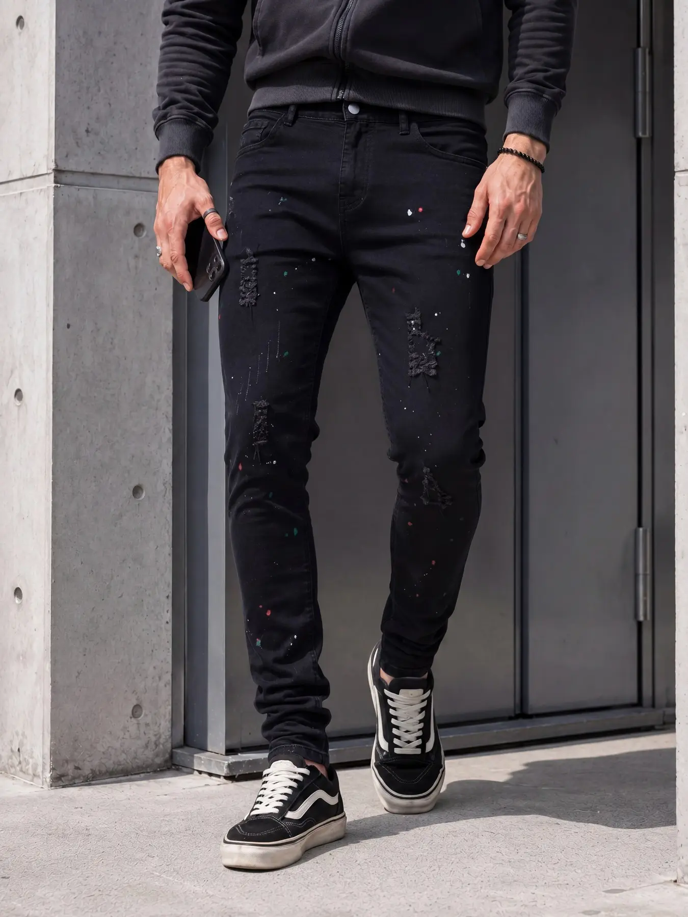 Men's Slim Fit Ripped Distressed Jeans, Vintage Washed Design with Ink Splatter, Perfect for Music Festivals and Streetwear, Retro Long Pants