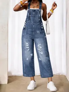 Women's Vintage Casual Denim Overall Pants, Adjustable Shoulder Straps, Loose Wide Leg, Mid Blue Ripped Design, Versatile Fashion