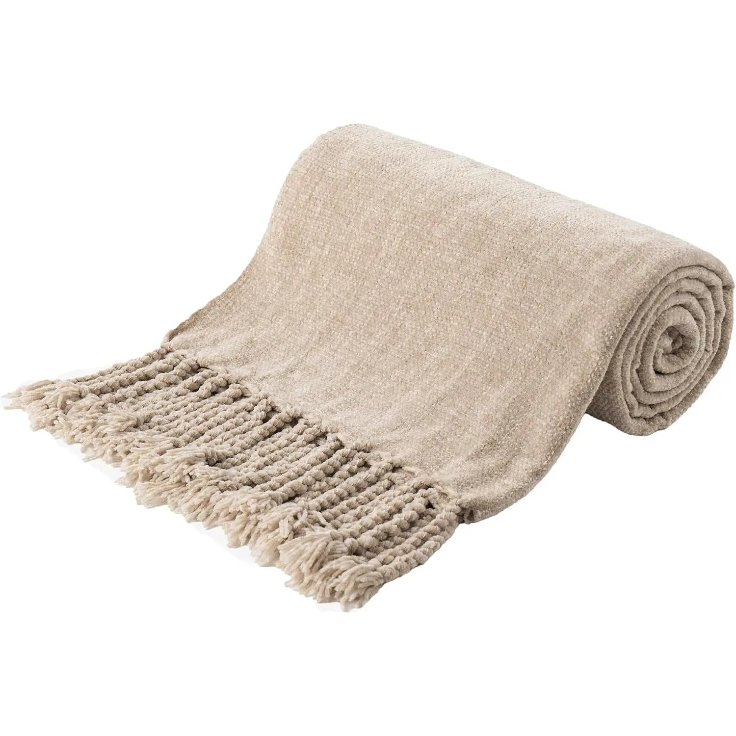 Beige Chenille Throw Blanket for Couch, Soft Cozy Textured Knit Throw Blanket with  Fringe Tassels, Lightweight Decorative  Blanket for Sofa Bed Chair, 50"x60"