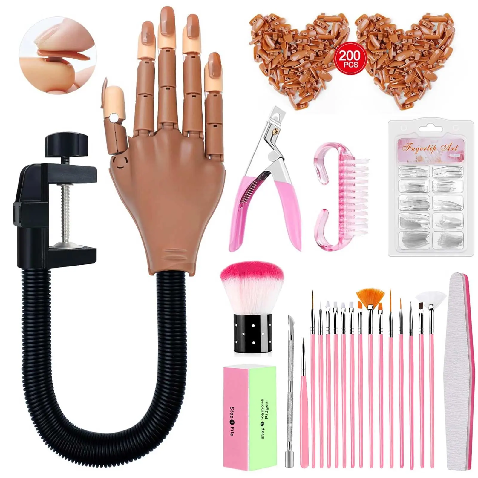 Acrylic Nail Practice Hand, Flexible Movable Mannequin Hand, Beginner Nail Training Kit with 200 Nail Tips, Tools, Brushes & Nail Clippers