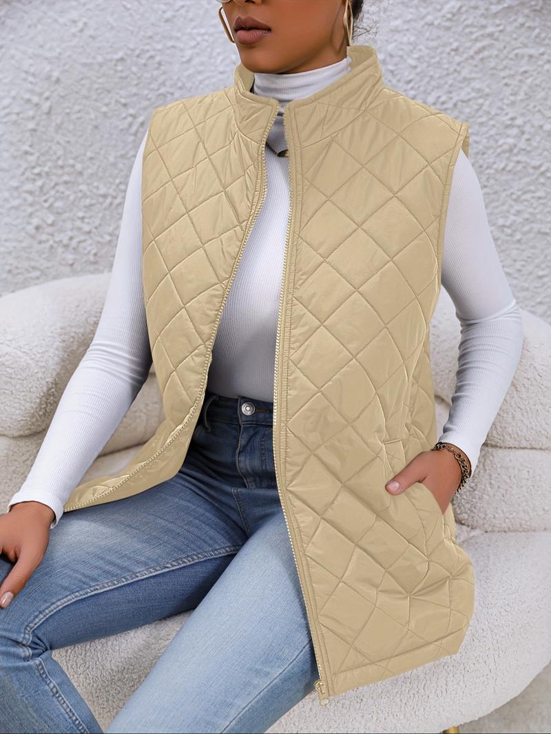 Women's Solid Mock Neck Zip Up Quilted Vest Coat, Casual Pocket Zipper Sleeveless Outerwear For Fall & Winter, Women's Clothes For Daily Wear