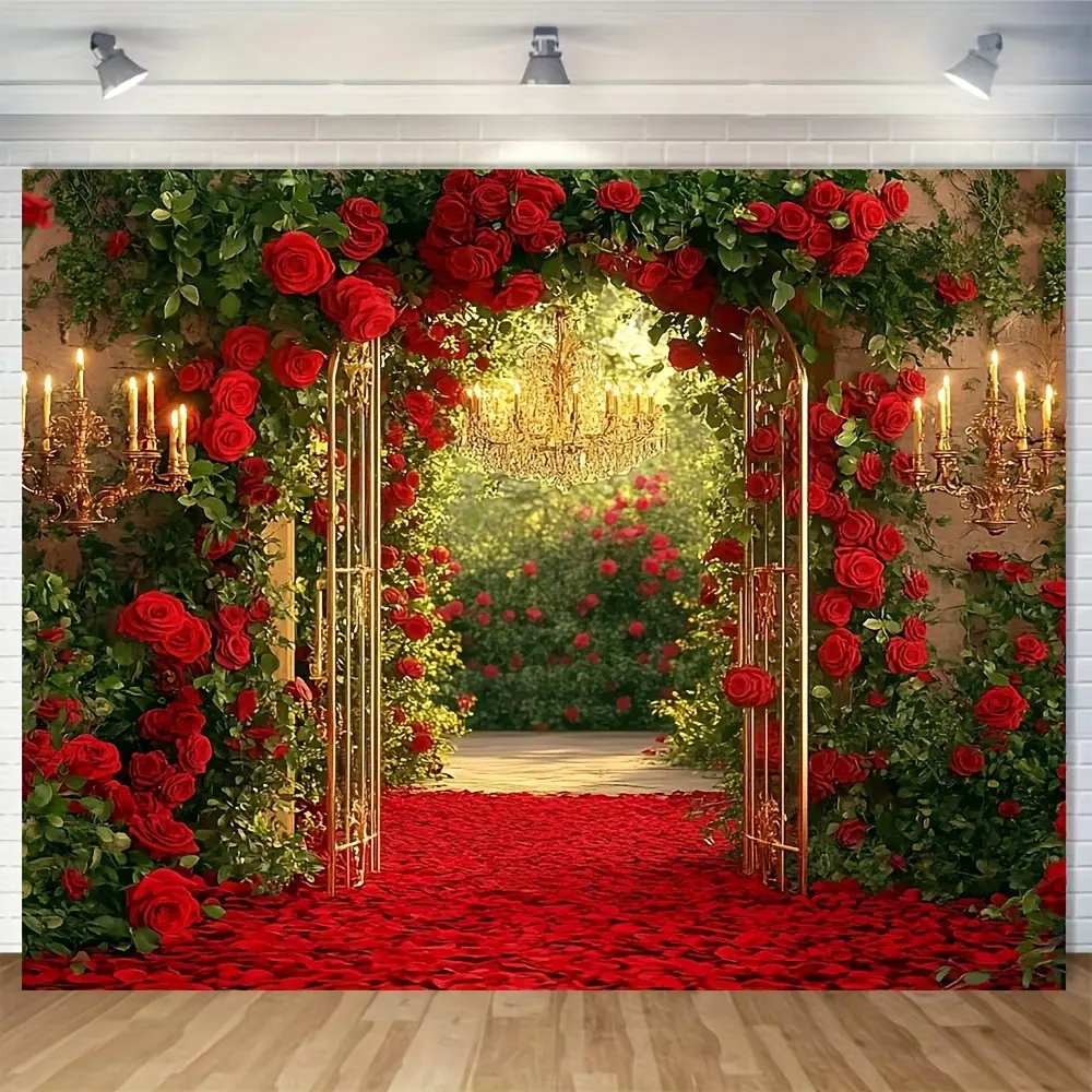 Romantic Red Rose Valentine Backdrop Banner, Floral Polyester Wall Hanging for Wedding, Couple Party, Indoor Decoration, Photography Background