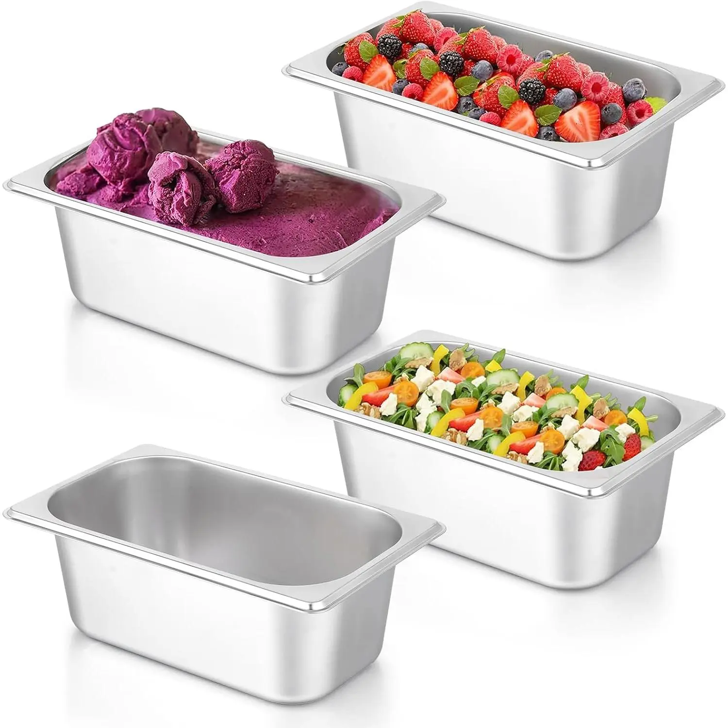 4 Pack Hotel Pans, 1/4 Size 4" Deep Stainless Steel Steam Table Serving Pan, Buffet Dinner Catering  Pans, Warmer Breading Tray Batter Pan for Restaurant Salad Bar Party Supplies