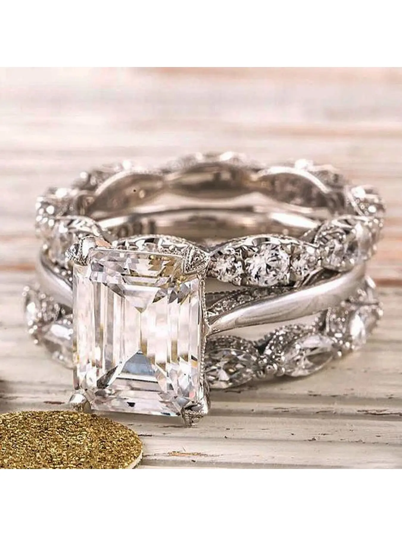 Retro rectangular main stone stacked ring set  Hollow pattern wave ring combination set  Elegant wedding anniversary atmosphere accessory Rectangle Rings