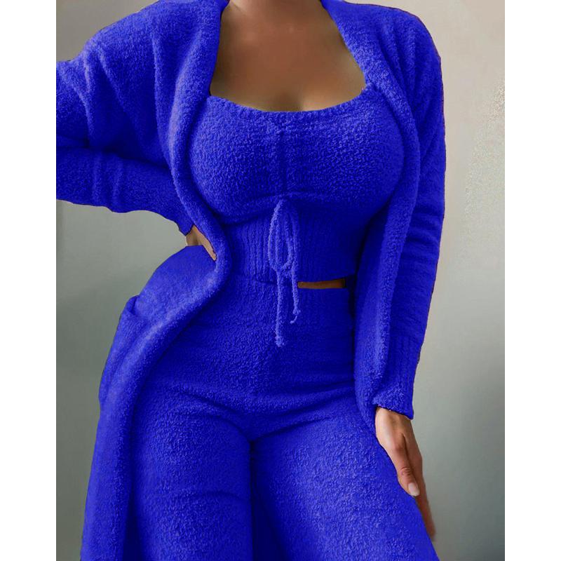 Women's Cozy Plush Loungewear Set Autumn Winter Solid Color 3-Piece Lace-Up Leisure Pajama Set for Home & Lounge Long Sleeve Minimalist Nightwear Fabric Womenswear Cardigan Matching Pants Top Homewear Pjs Basic Casual