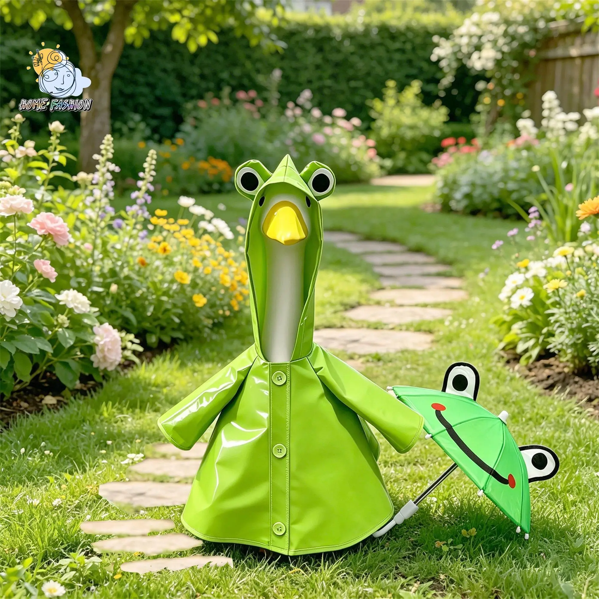 Porch Goose Outfits 2-Piece Set, Stylish Polyester Green Hooded Raincoat with Umbrella for Outdoor Rain Protection, Festive Home Party Accessory