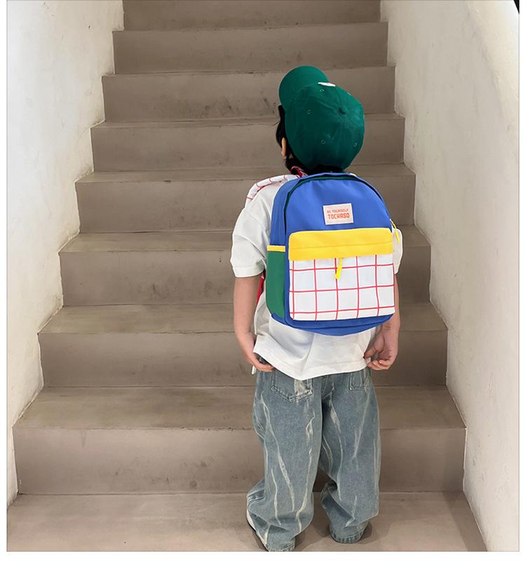 Kindergarten children's backpack, stylish baby color-blocking canvas backpack, lightweight backpack for boys and girls aged 3-6 years old