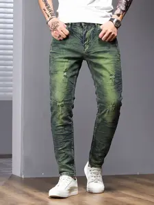 Men's Trendy Jeans, Fitted Plain Pattern, Comfortable Daily Wear, Fashionable Versatile Style, Multi-Process Design