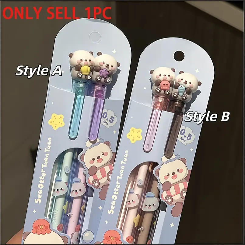 Cute Sea Otter Press Ballpoint Pens, a & B Models, Ocean Theme, 0.5mm Smooth Ink, 3D Otter Tip, Dual-Sided Design, Student Writing Tools
