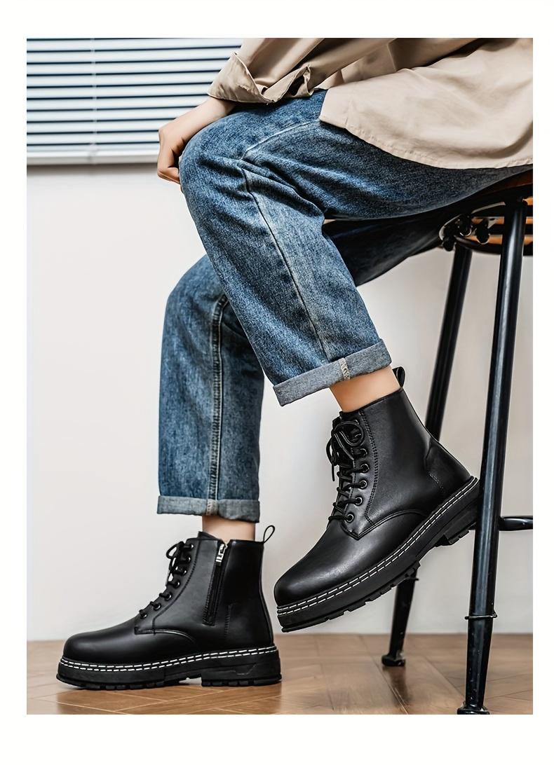 Four Seasons Fashion Trendy Men'S Black Boots Mid-Top Lace-Up Men'S Boots