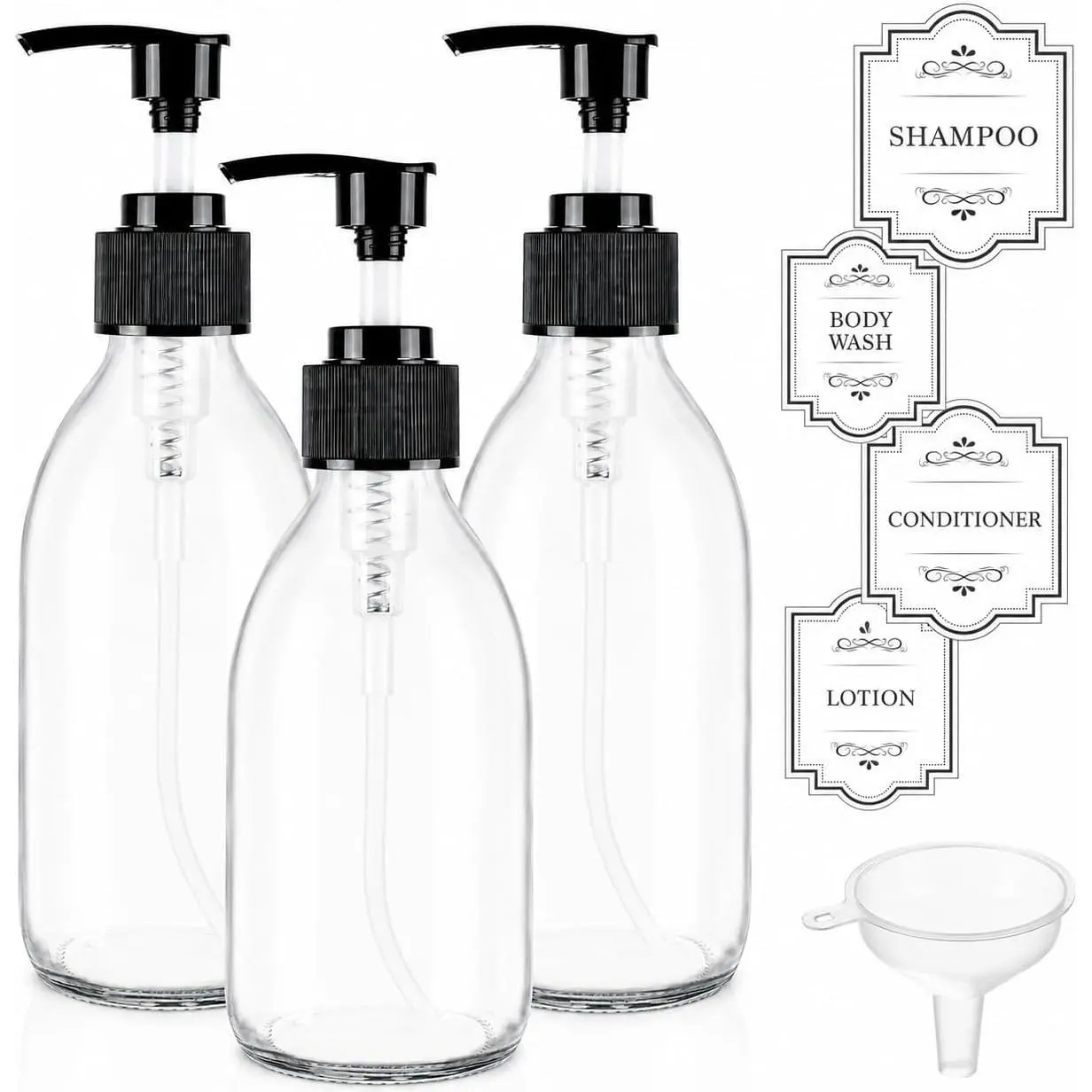 4 oz Small Glass Pump Bottle, 3 Pack Clear Lotion Dispenser | Smooth 2CC pump, , Thick glass; Refillable for massage oil, lotion; Includes storage caps, funnel and labels