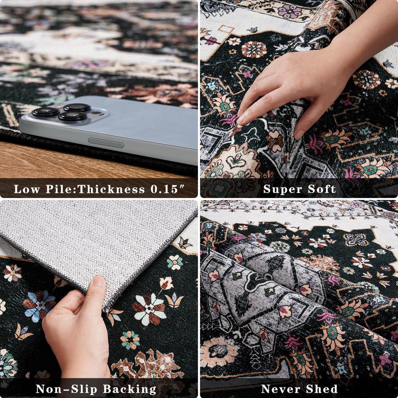 8x10 Area Rugs for Living Room, Vintage Machine Washable Rug,Low Pile Print Large Rug with Rubber Backing Non-Slip Carpet for Bedroom,Kitchen,Dining Room,Home Office,Home Decor,Black,Green, Grey,4x6,5x7,6x9,8x10 Feet