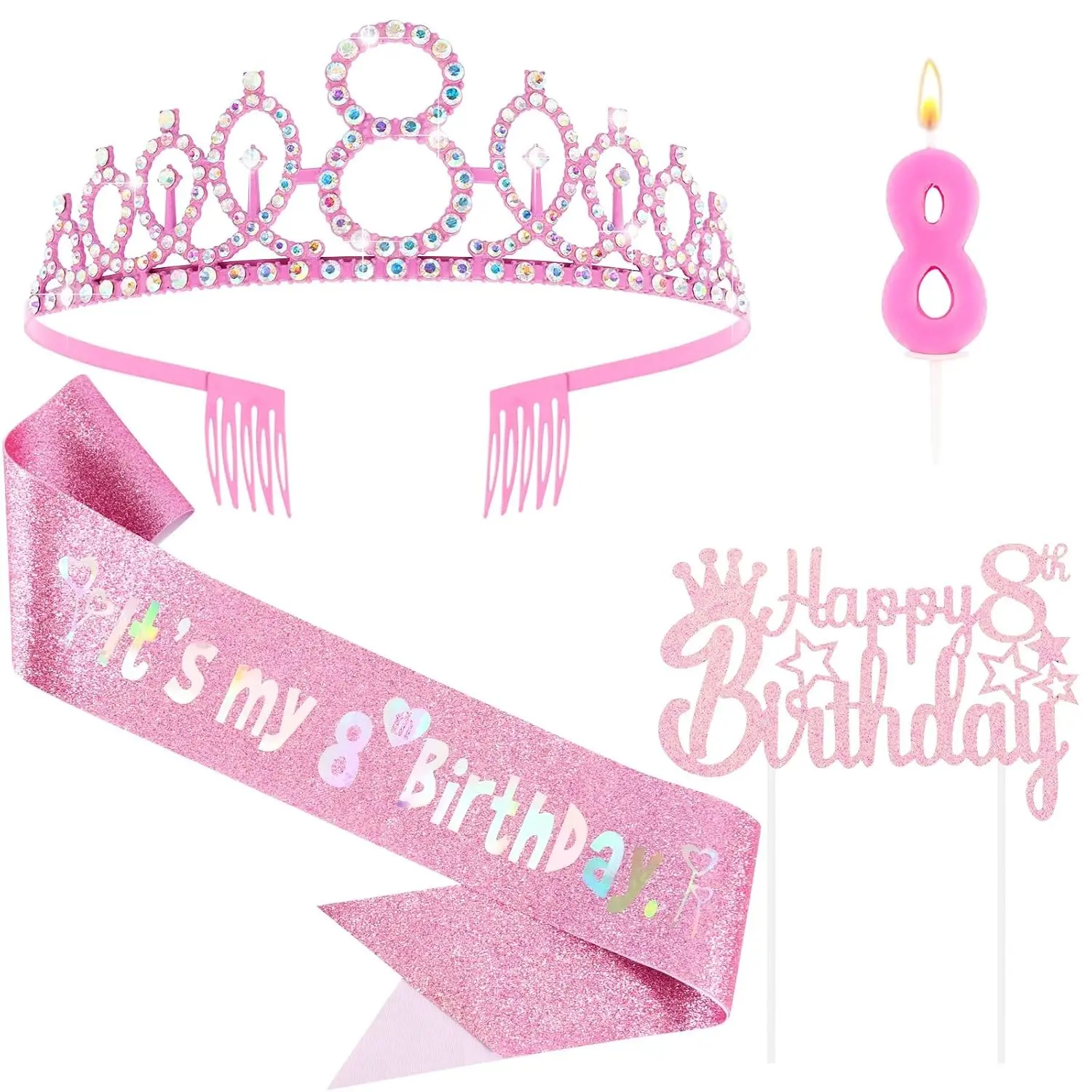 Girls' 8th Birthday Decor Kit - Party Setup Supplies with Pink Crown, Glitter Sash, Number 8 Candle, Cake Topper Gift