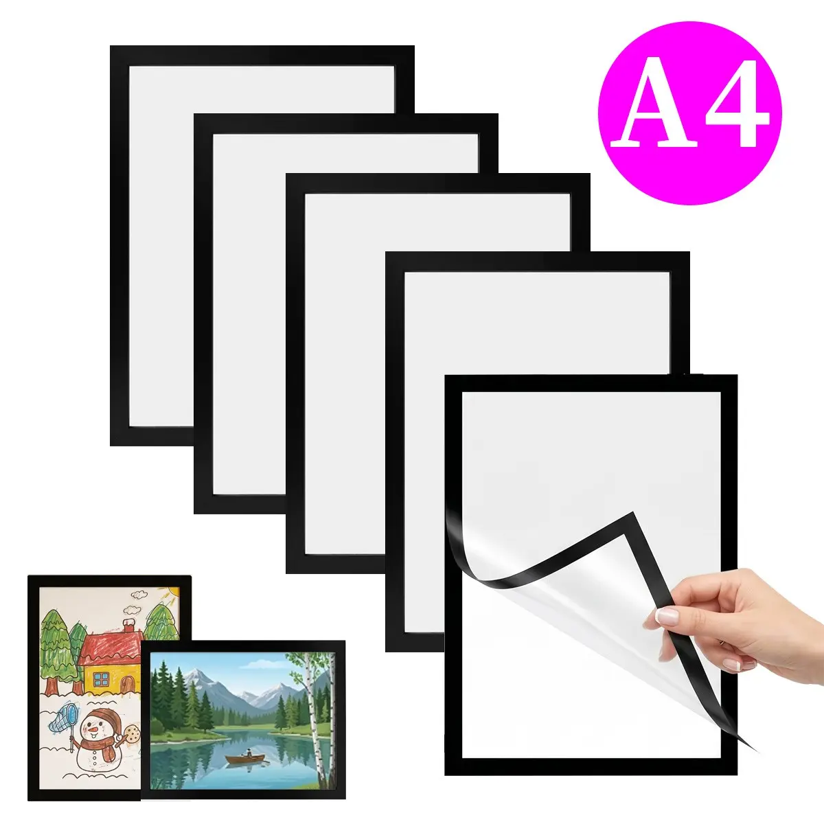 5pcs A4 Magnetic Photo Frame Set, Front-Opening Wall Document Frame, Self-Adhesive Picture Display Holder, Home Office Decor, Magnetic Frames