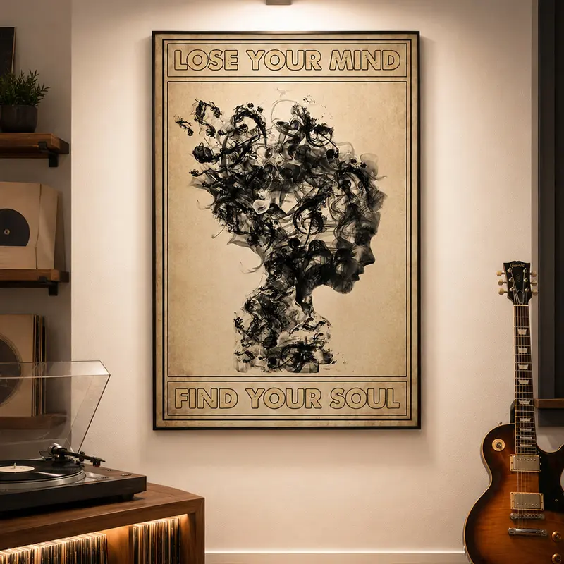 Music Head Poster, Lose Your Mind Find Your Soul Print, Music Gift Idea, Music Room Wall Hanging, Vintage Music Poster, Music Retro Art, Dorm Room Poster, Boho Wall Decor, Aesthetic Room Decor, Indie Music Artwork, Creative Wall Art