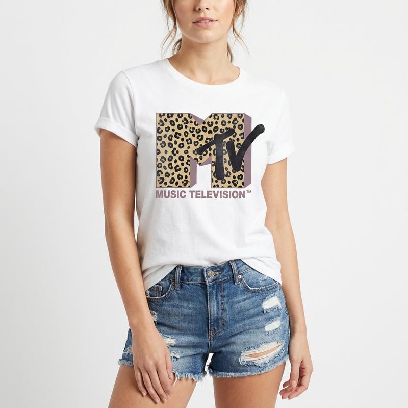 Women's MTV Leopard Print Round Neck Tee Fitted Short Sleeve T-Shirt for Summer Casual Wear Ladies Clothes Top with Unique Print and Durable Fabric