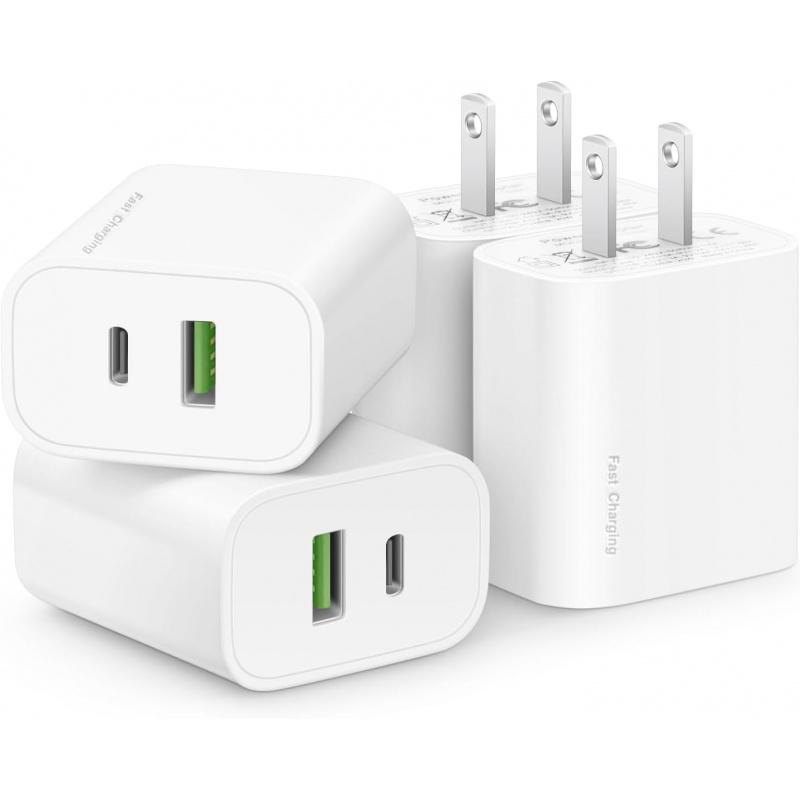 4 Pack USB C Charger Block,20W USB-C & USB-A Port Charger,for i Phone 17/16/15/14/13/12/11/X/8, i Pad and More