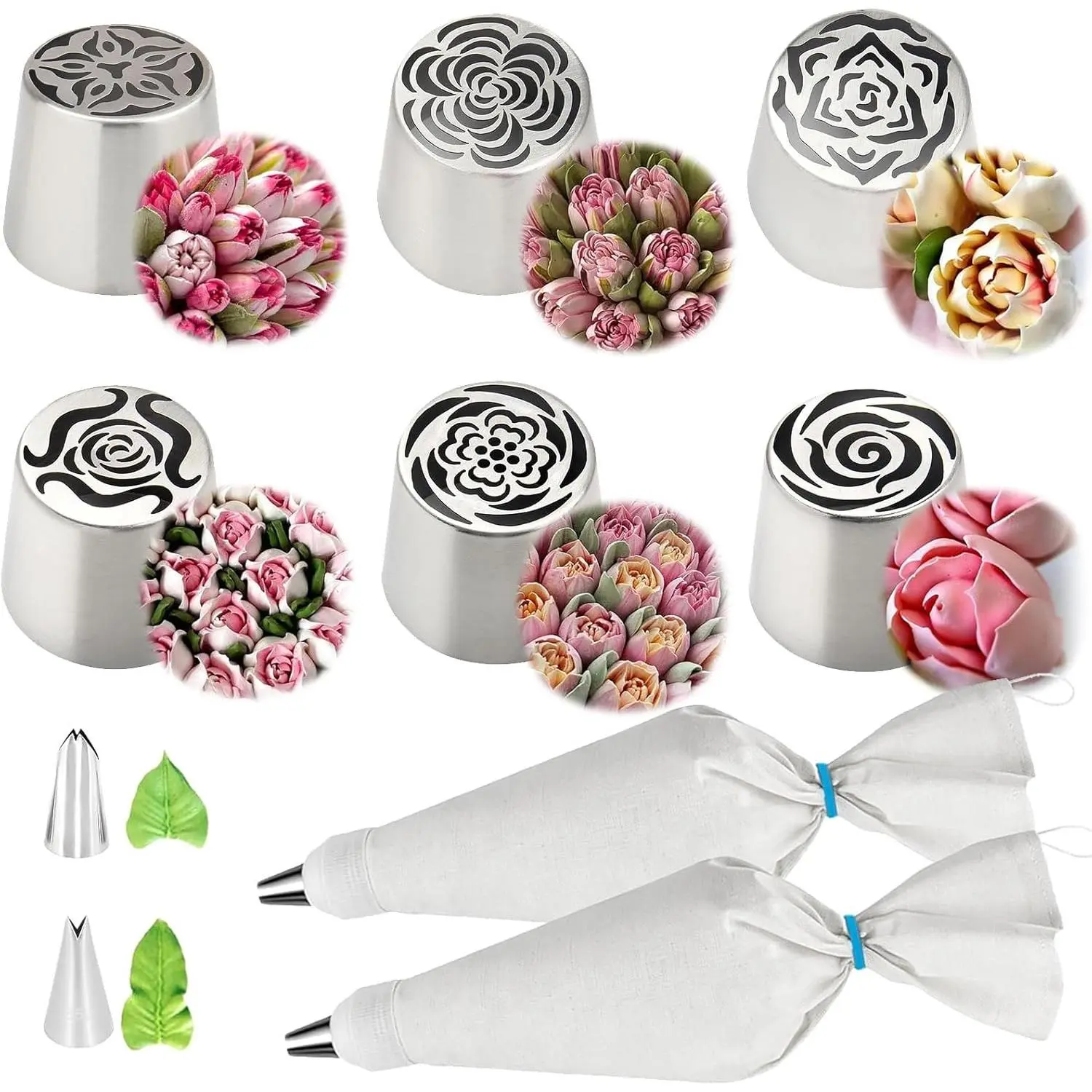 Russian Piping Tips, 304 Frosting Tip &   Bags | XL Rose Floral Piping Nozzles,Cake Flower Decoration, DIY Cream Bouquets, Cookies & Dessert Baking Tools