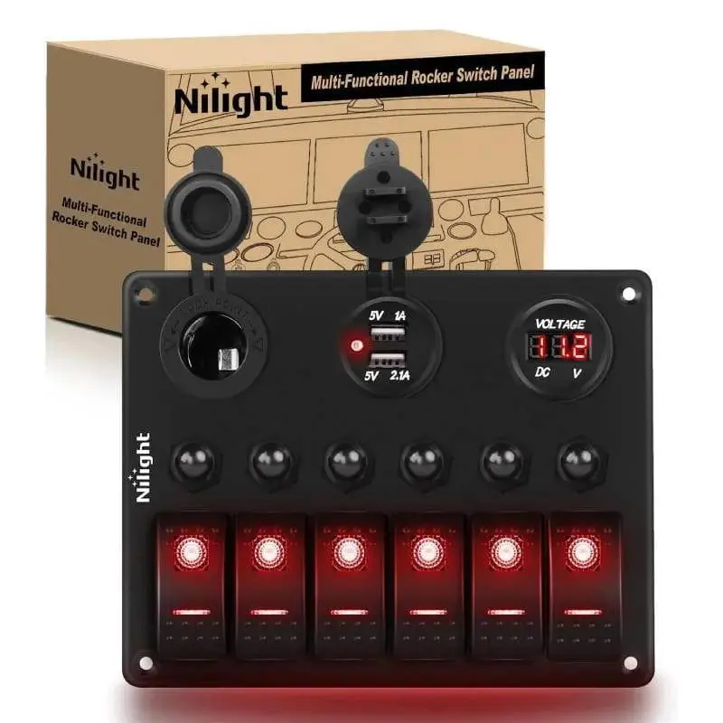 Nilight 6-Gang Red Rocker Panel Switch - 12-24V Outdoor Electrical Accessory with 3.1A (2.1A & 1A) Dual USB Ports, 5Pin Cigarette Lighter Socket, 5V Voltage Monitor, ABS&PC Construction for Trucks