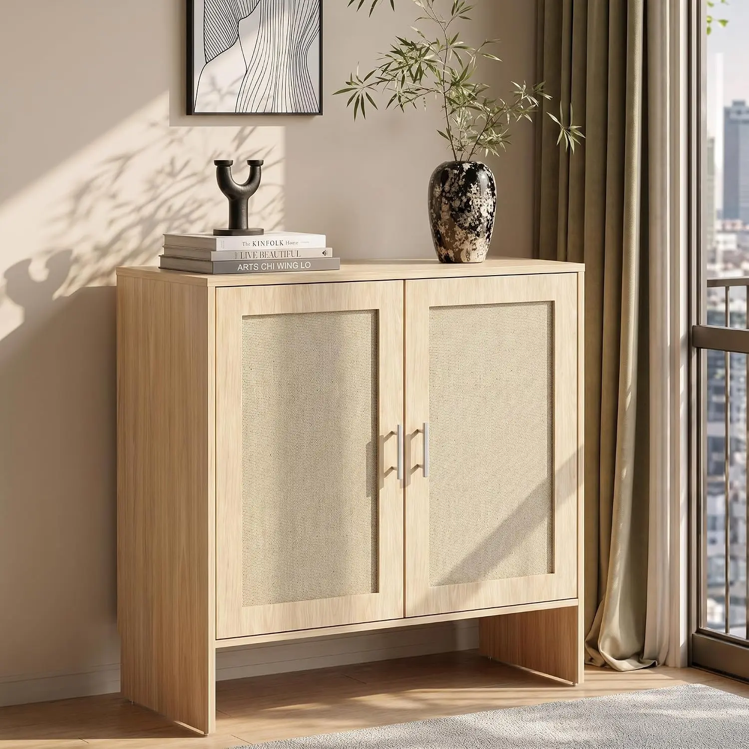 Buffet Cabinet with Storage,  Sideboard Storage Cabinet with Rattan Doors & Adjustable Shelf, 31.5" Narrow Coffee Bar Cabinet, Kitchen Storage Cabinet, Entryway Accent  Cabinet