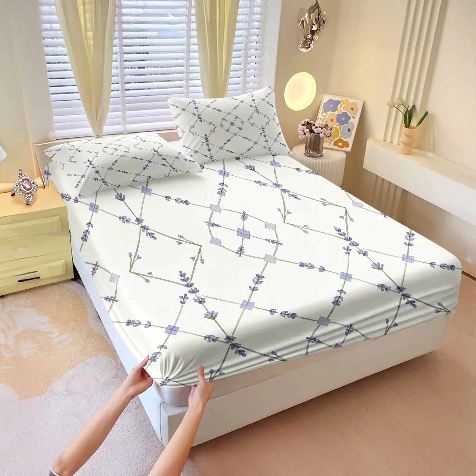 3Pcs Pastel Lattice Flower Sheet Set, easy-care snug bedding for year-round home use (No filler, no pillowcases)
