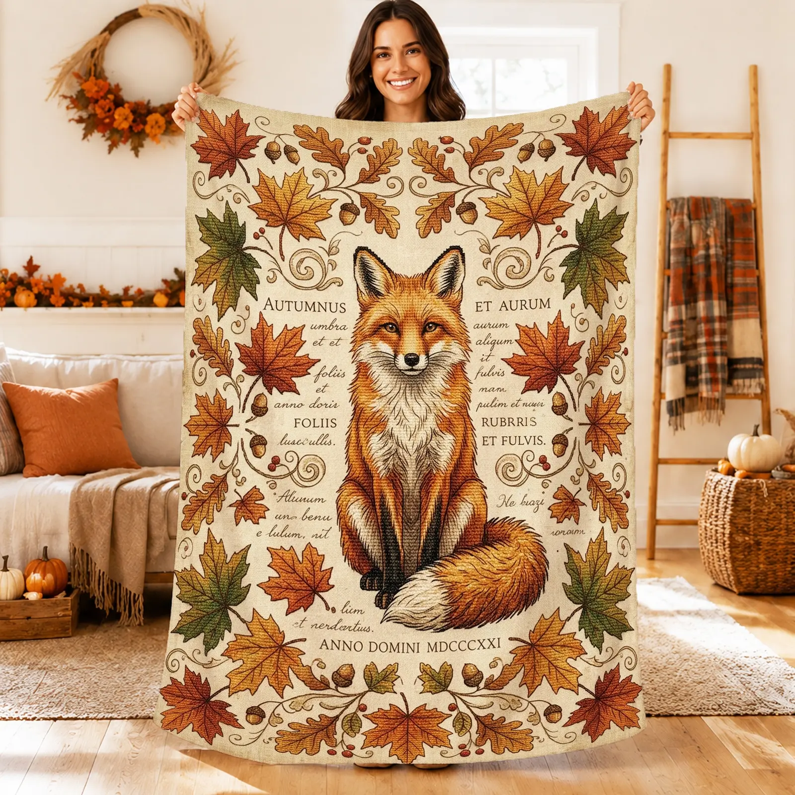 1pc Fox Maple Leaf Blanket, Rustic Autumn Style, Detailed Hand-Drawn Fox Illustration Surrounded by Colorful Leaves and Acorns, for Living Room Bedroom Fall Decor and Cozy Home Gift