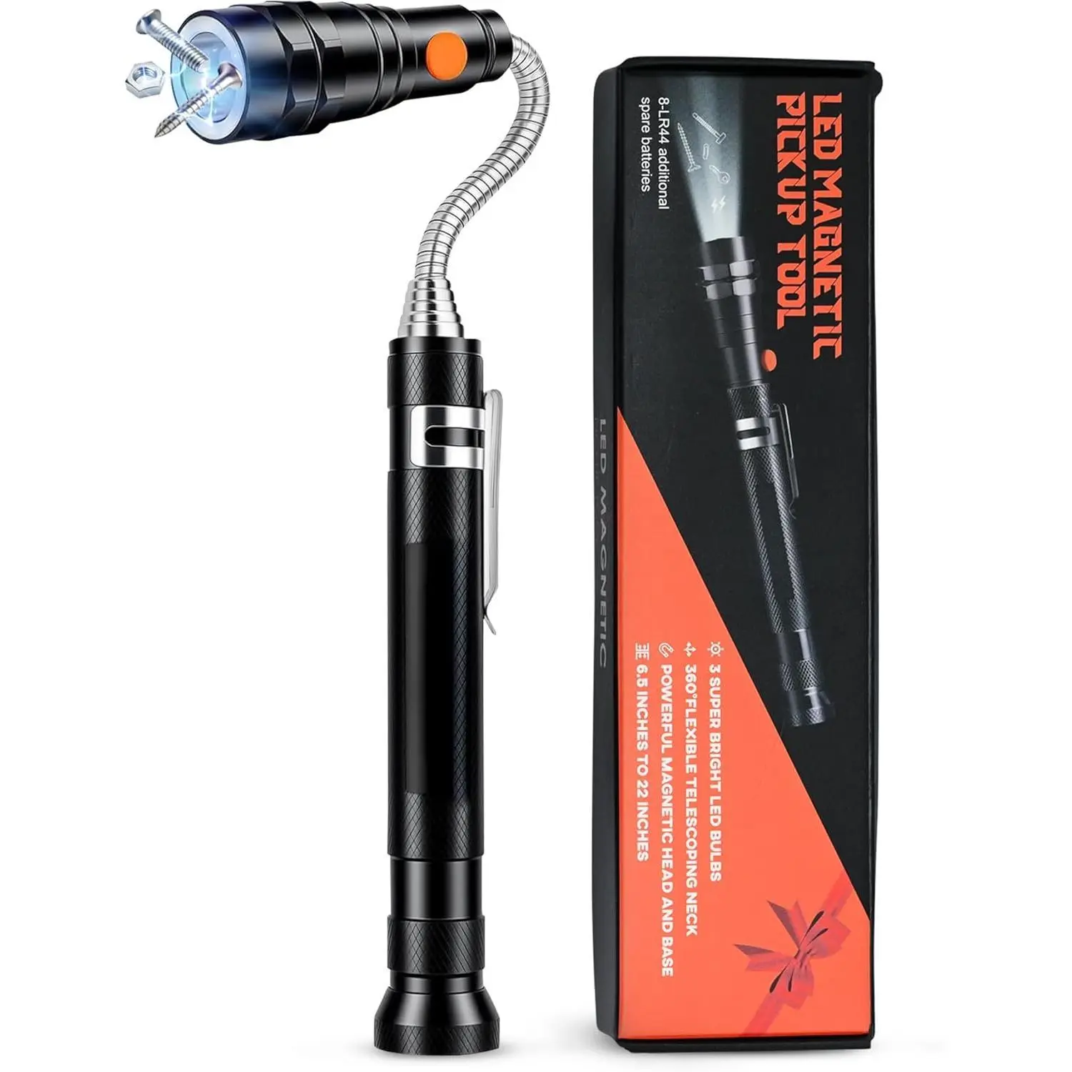 Telescoping Magnetic Pickup Tool with LED Flashlight & LED Lighting, 360° Swivel Bendable Extensible Magnet Retrieval Tool for Precision Work, Ideal Gift for Men