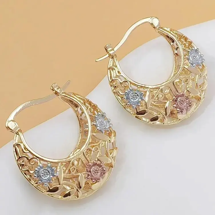Tri-Color Gold-Plated Flower Hoop Earrings - Tarnish-Resistant Costume Jewelry for Women