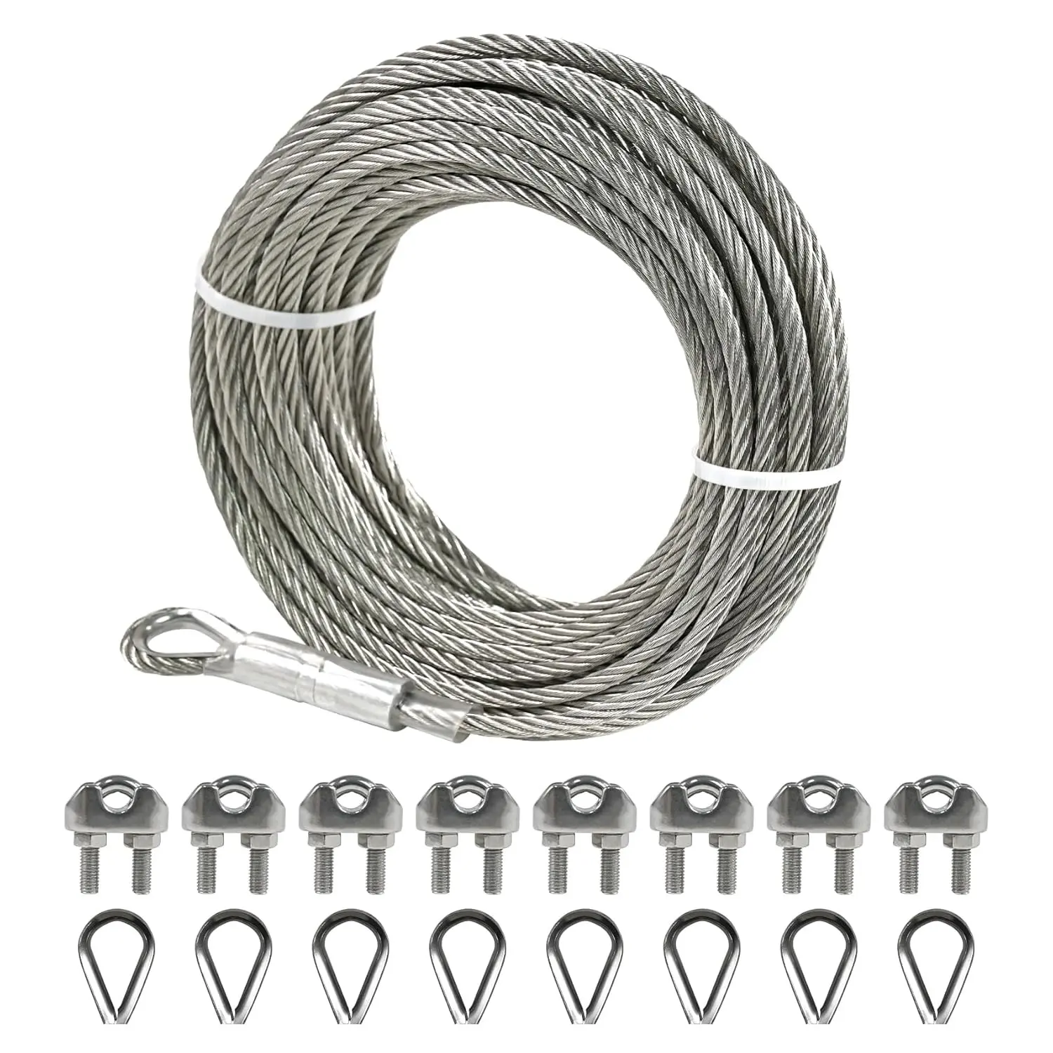 1/4" (6.35mm)Stainless Steel Cable, 25FT Wire Rope with Clamps and Thimble, 7X19 Strands Aircraft Cable for Zipline, Outdoor, Deck Railing, Heavy Duty Applications, Hanging, 6400lbs Breaking Strength